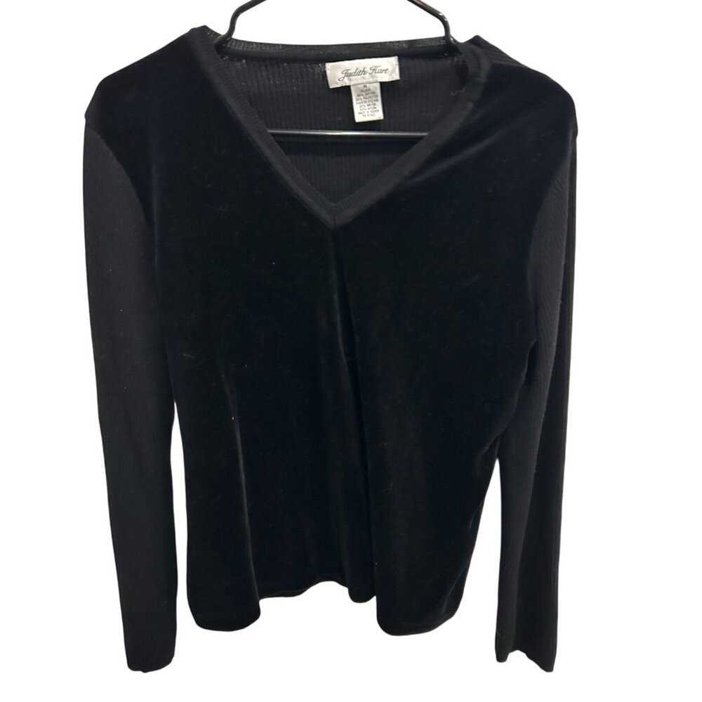 Judith Hart Womens Black Velour V Neck Long Sleeve Top Sz Medium